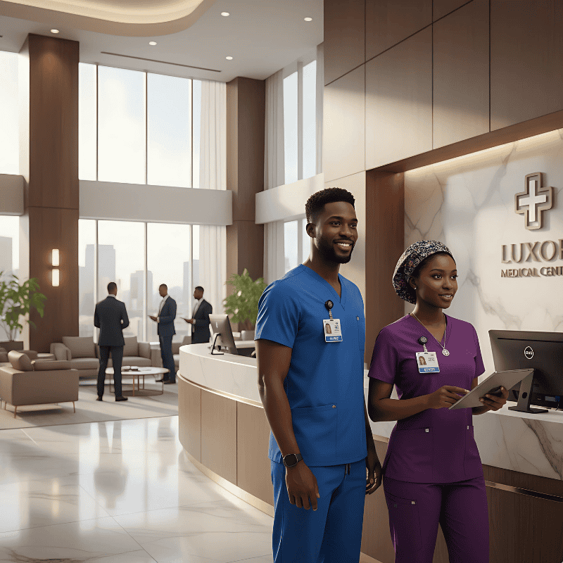 1. Hospital Uniforms - Nurse Scrubs in Kenya Two smiling healthcare professionals in scrubs stand in a bright, modern hospital lobby. Behind them, colleagues converse near large windows. Calm, professional atmosphere.
