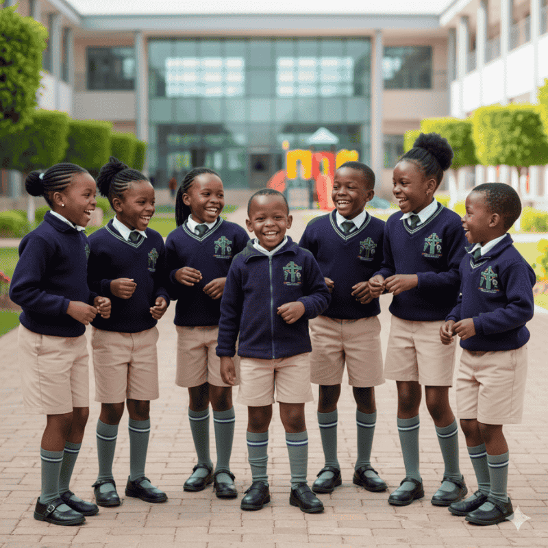 1. Primary School Uniforms in Kenya A group of smiling children in school uniforms stands outdoors, showcasing joy and friendship.