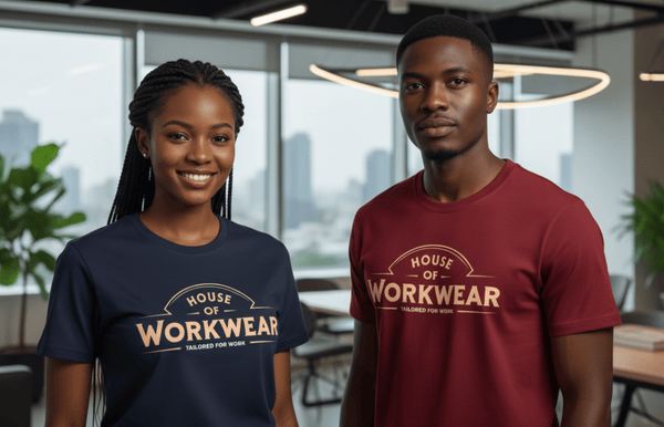 A smiling woman and a serious man wearing "House of Workwear" branded shirts, standing in a modern office with large windows and greenery.