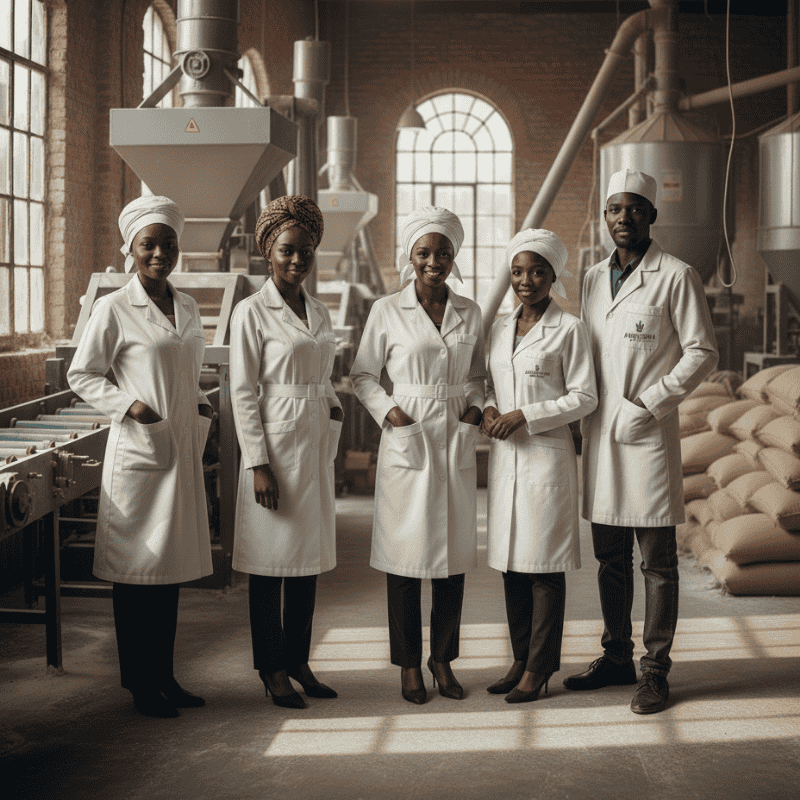 1. Safetywear & PPE - Dustcoats in Kenya A group of five workers in white dust coats stand smiling in a factory surrounded by industrial equipment and sacks.