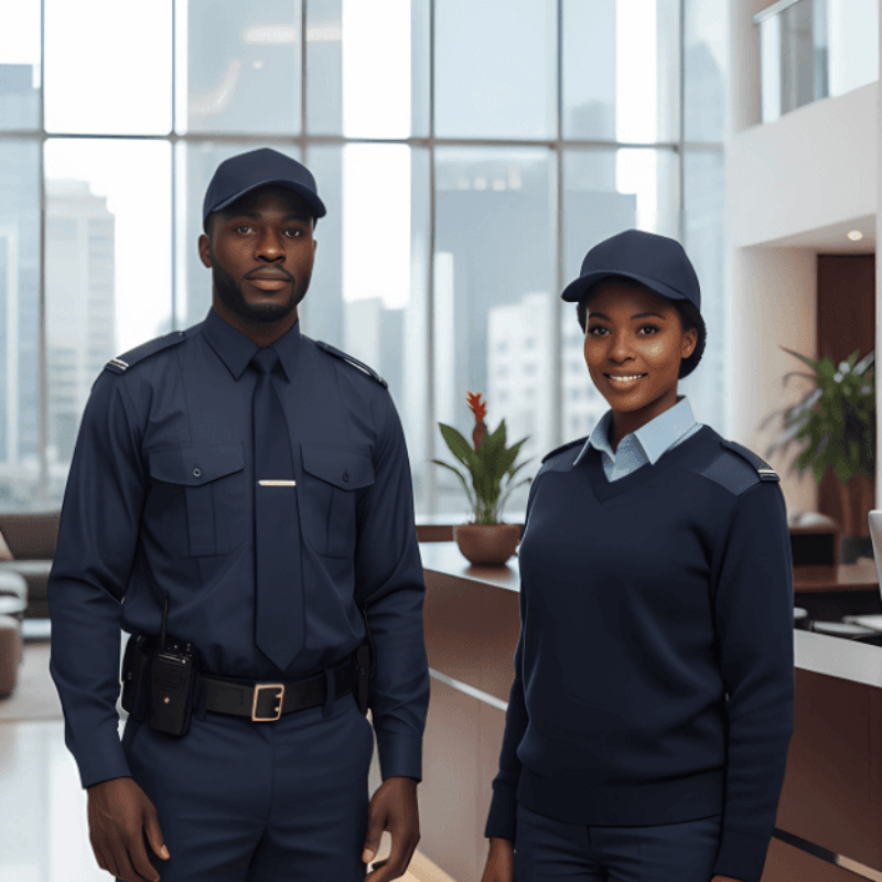 1. Security Guards Uniforms in Kenya Two security guards in navy uniforms stand in a modern lobby with large windows and plants. They both wear caps and maintain a professional demeanor.