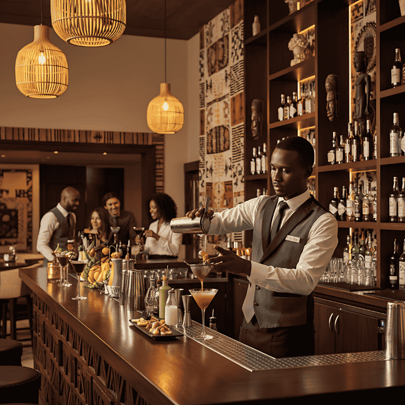 10. Bar Attendants Uniforms in Kenya A Bartender dressed in stylish uniforms pours a cocktail in a warmly lit bar in Kenya