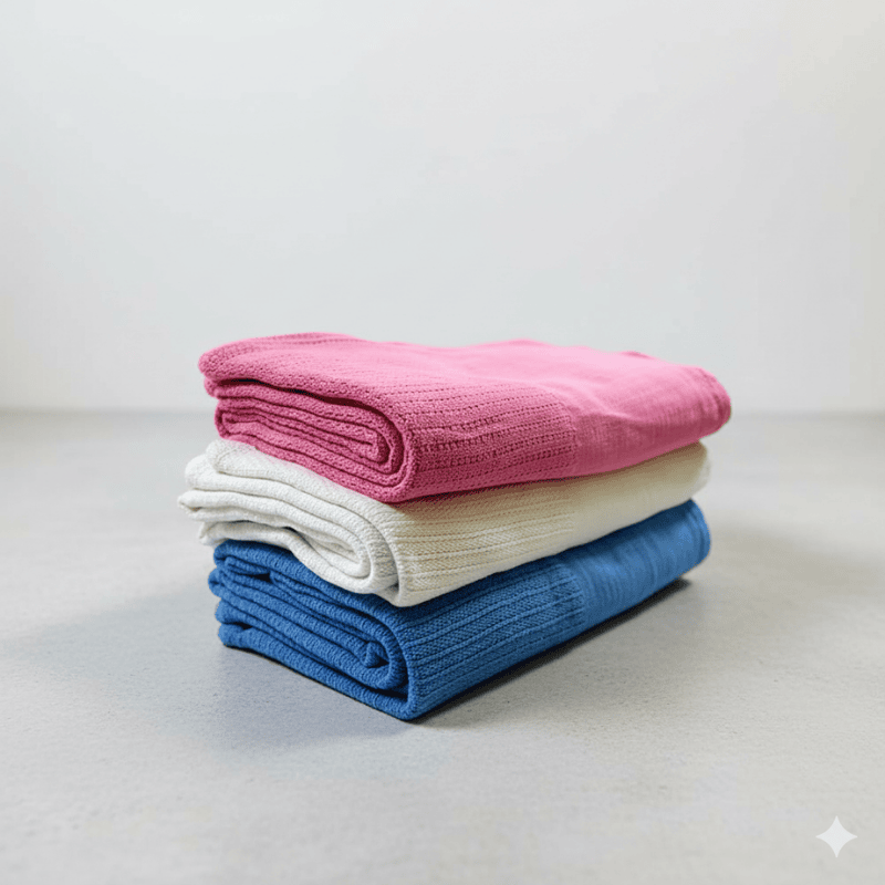 10. Hospital Cellular Blankets in Kenya A stack of three neatly folded hospital cellular blankets on a gray surface. From top to bottom, the colors are pink, white, and blue.