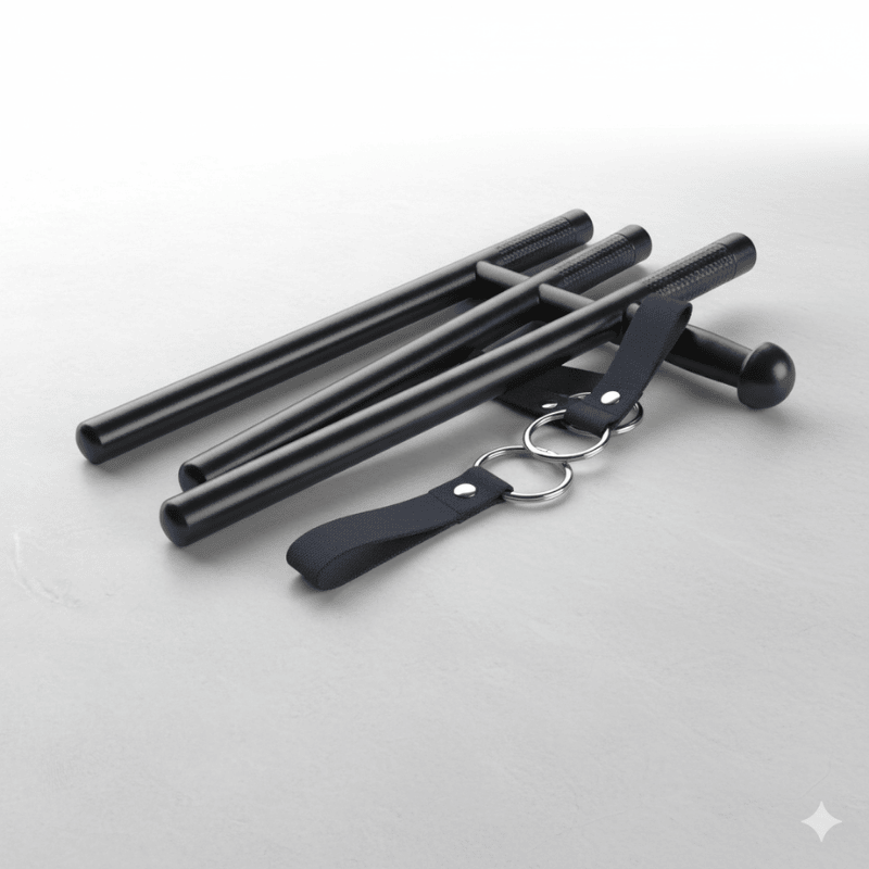 10. Security Guard Uniforms - Security Batons and Baton Holders in Kenya A set of black security batons are laid out on a white surface, accompanied by baton holders with metal rings,
