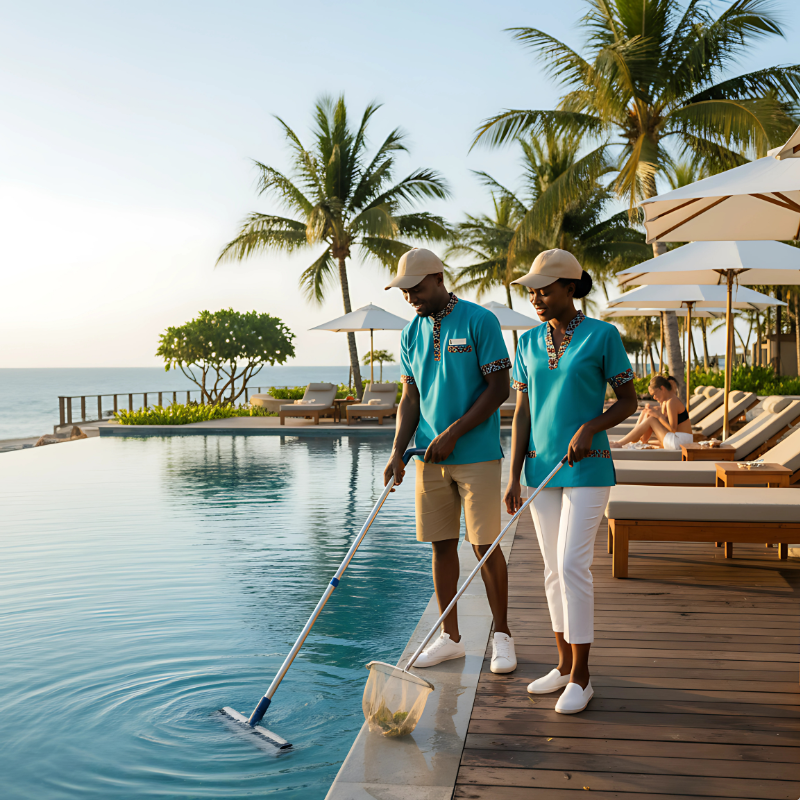 11. Pool Attendants Uniforms in Kenya Two pool attendants in turquoise uniforms clean a pool with nets on a Kenyan resort deck. Palm trees and lounge chairs create a serene, sunny backdrop.
