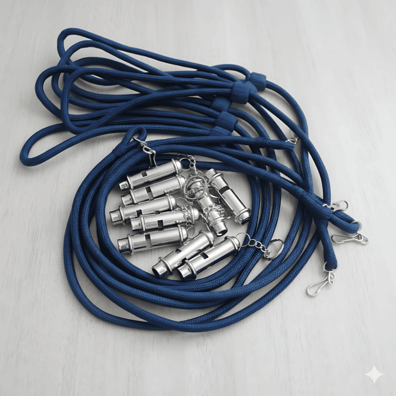 11. Security Guard Uniforms - Security Lanyards and Whistles in Kenya A pile of shiny silver whistles attached to looped dark blue lanyards rests on a light wooden surface, conveying calm organization.