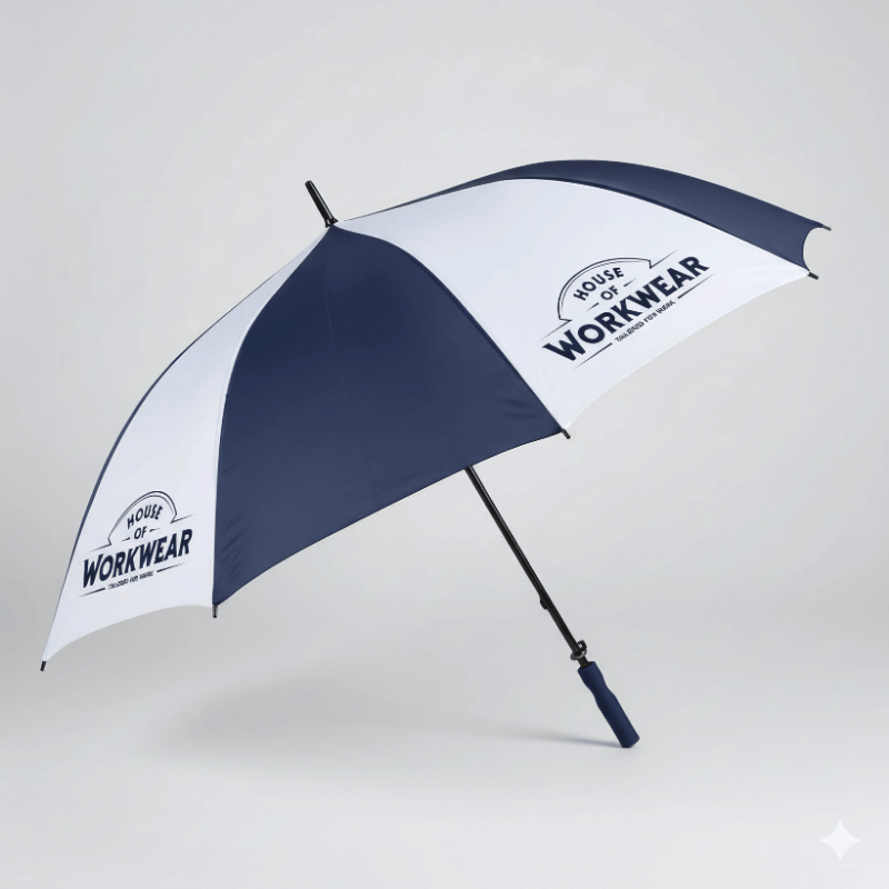 12. Security Guard Uniforms - Branded Umbrellas in Kenya A large umbrella with alternating navy blue and white panels, featuring the "House of Workwear" logo in navy. Neutral background.