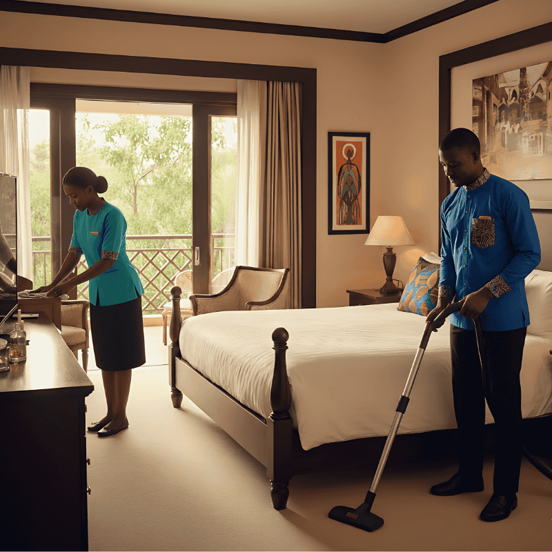 14. Hotel and Hospitality Uniforms - Room Stewards Uniforms A hotel room scene with two staff in blue uniforms. One vacuums the carpet near a bed, while the other arranges items on a dresser. The room is clean and well-lit.