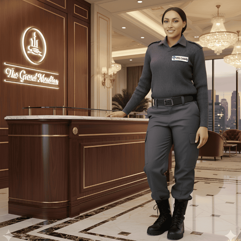 16. Hotel and Hospitality Uniforms - Security Guards Uniforms A security guard in uniform stands confidently beside a polished wooden hotel reception desk labeled "The Grand Meridian," with elegant chandeliers overhead.
