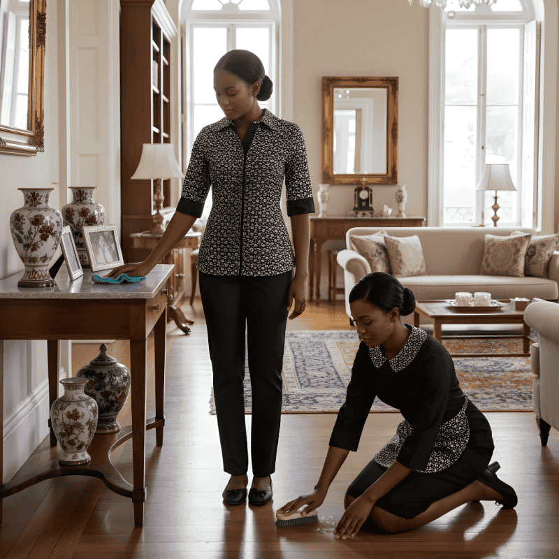 17. Maid Uniforms in Kenya Two women in matching black and white uniforms clean a luxurious, elegant living room with vases, framed photos, ornate furniture, and soft lighting.