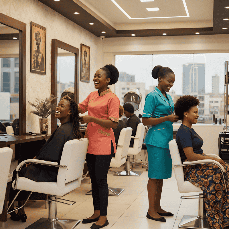 18. Beauty Salon Staff Uniforms in Kenya Two hairstylists in vibrant uniforms are cheerfully working on clients' hair in a modern salon. The atmosphere is lively and professional.