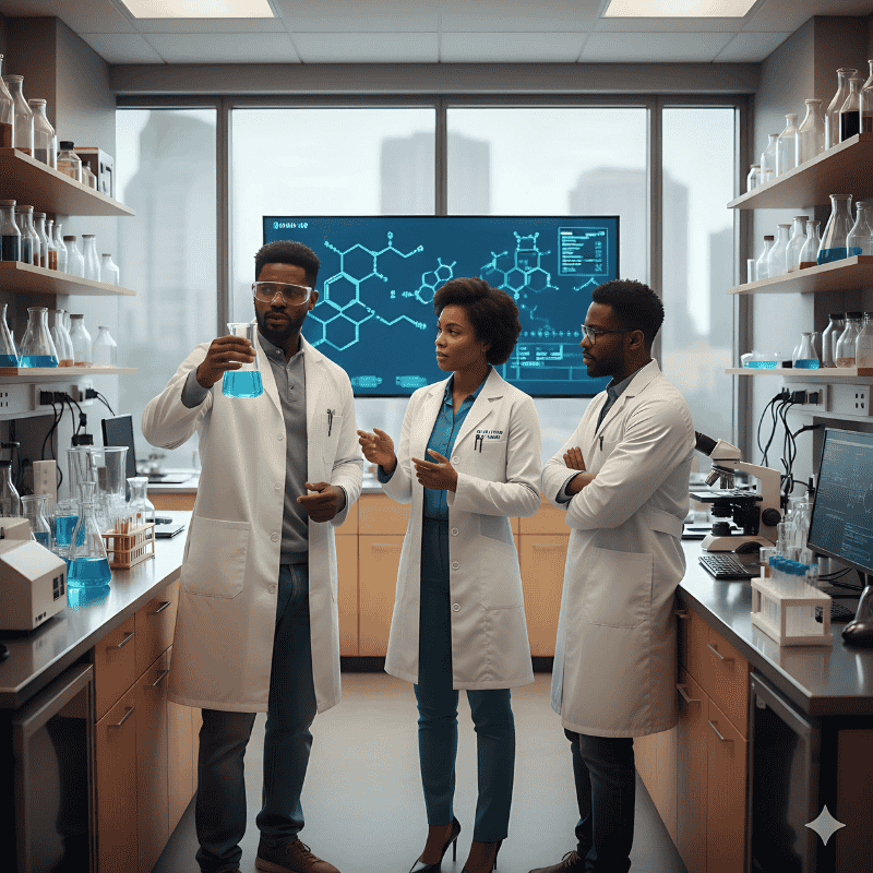 2. Medical Uniforms - Lab Coats in Kenya Three scientists in lab coats discuss a blue liquid in a beaker.