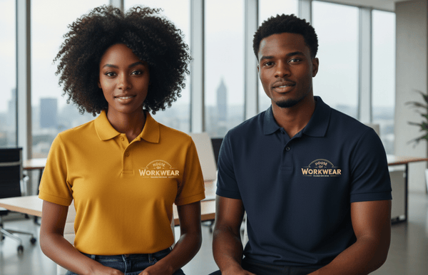A woman in a yellow branded polo and a man in a navy branded polo, both with "Workwear" logos, smiling in a bright office with cityscape view.