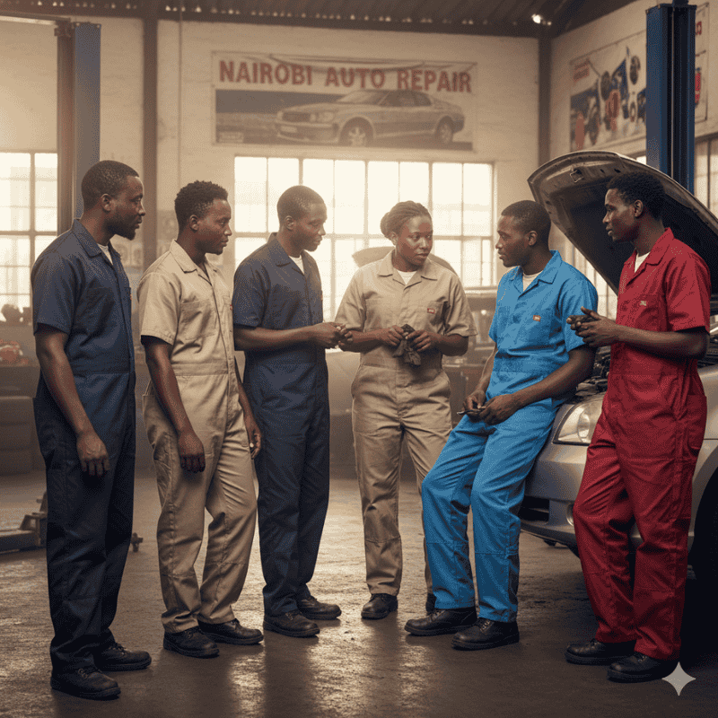 2. Safetywear & PPE - Overalls in Kenya Six mechanics in colorful coveralls converse in an auto repair shop. A car with an open hood is seen. The mood is collaborative and focused.