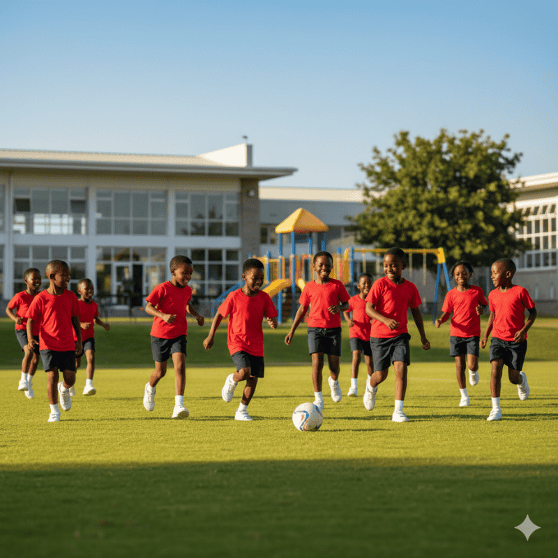 2. School Uniforms in Kenya - PE Shorts and T-Shirts A group of children in PE Uniforms - red t shirts and navy shorts joyfully run on a grassy field towards a soccer ball.