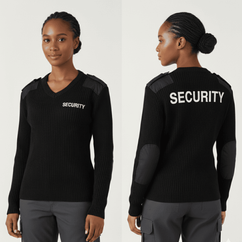 2. Security Guard Uniforms - Security Sweaters in Kenya A woman in a black security sweater faces forward and backward. "SECURITY" is printed on the front and back. She stands confidently against a plain background.