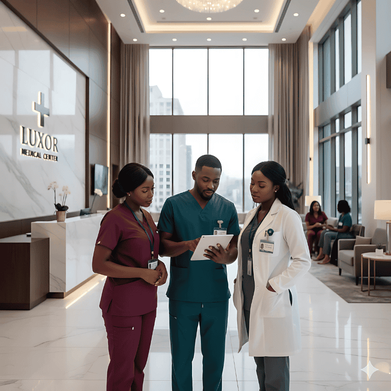3. Hospital Uniforms - Doctors Scrubs in Kenya Three medical professionals, two in scrubs and one in a lab coat, discuss something on a tablet in a modern hospital lobby labeled Luxor Medical Center.