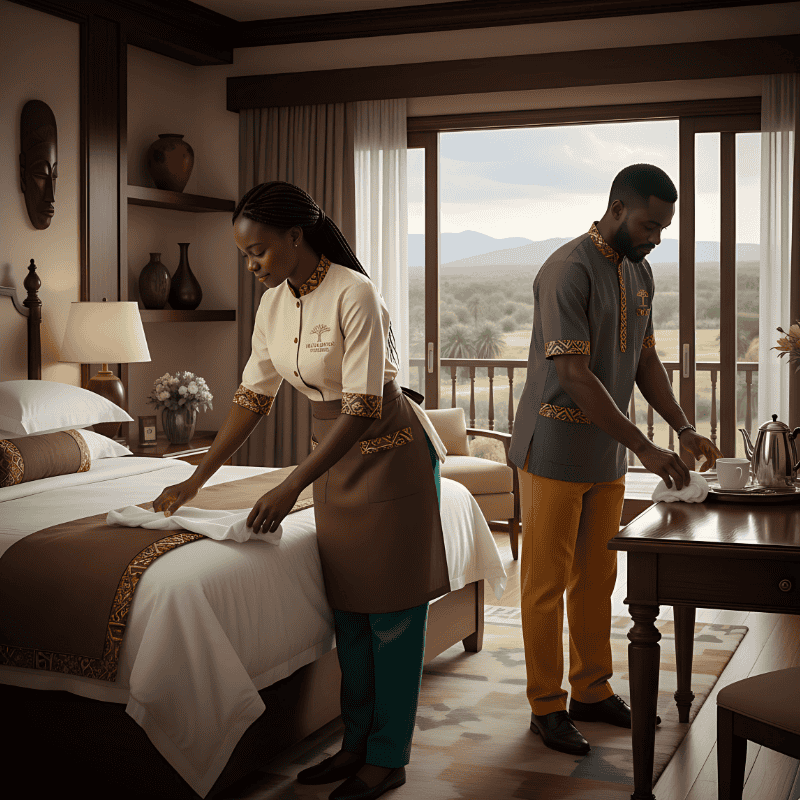 3. Housekeeping Staff Uniforms in Kenya Hotel staff tidying a luxurious room in a Kenyan 5-Star hotel. They are wearing stylish housekeeping staff uniforms.