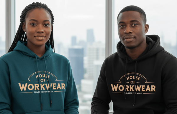 Two people wearing branded hoodies sit in a modern office with a cityscape view.