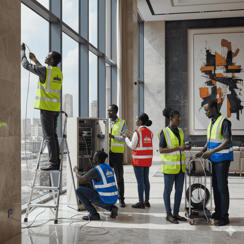 3. Safetywear & PPE - Reflective Vests in Kenya A team of six workers in reflective vests installs networking cables in a modern office.