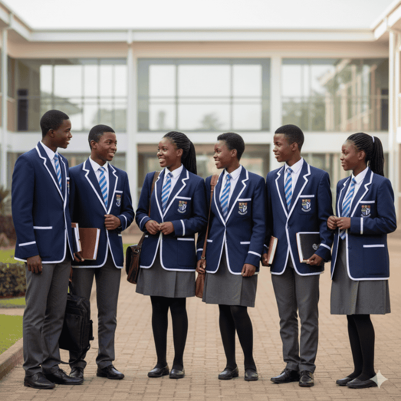 3. School Uniforms in Kenya - Blazers Six students in matching blue blazers and ties stand outside a school building, chatting and smiling. They exude confidence and camaraderie.