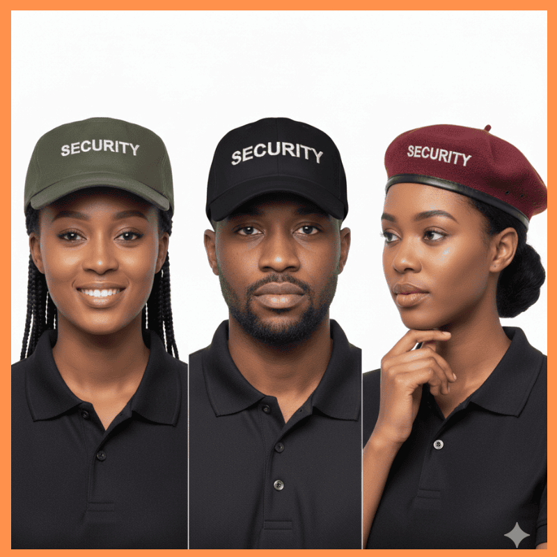 3. Security Guard Uniforms - Security Caps in Kenya Three individuals in black shirts, wearing caps and a beret labeled "SECURITY." They convey professionalism and focus in a neutral setting.