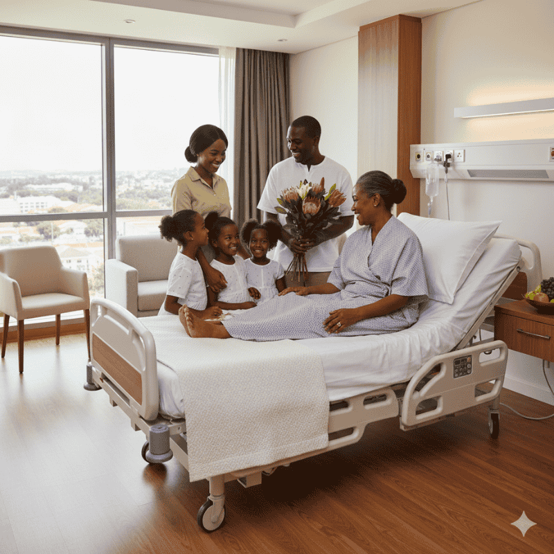 4. Hospital Uniforms - Patient Gowns in Kenya A family visits a woman in a hospital bed. The woman is wearing nice patient gown
