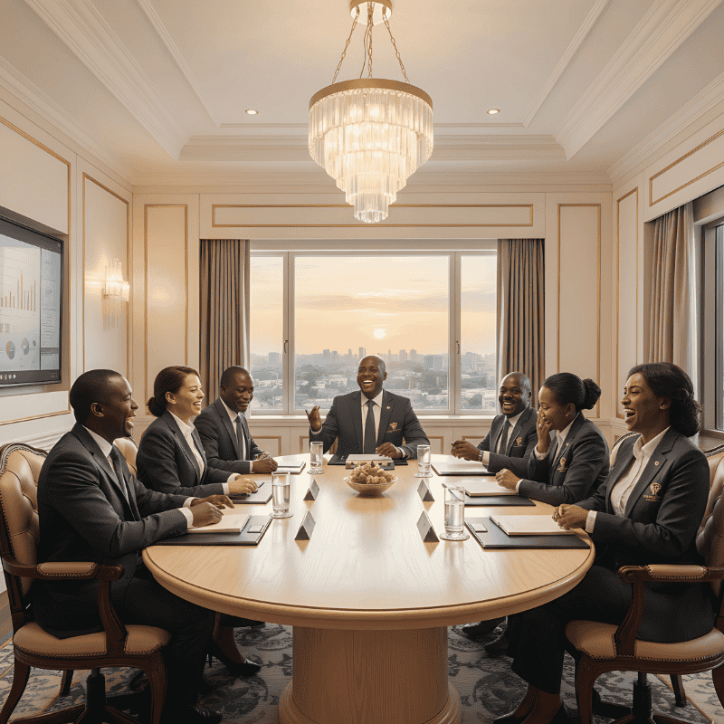 4. Hotel Managers and Supervisors Uniforms Six hotel managers and supervisors wearing elegant business suits sit around a boardroom table in a bright conference room, smiling and engaged.