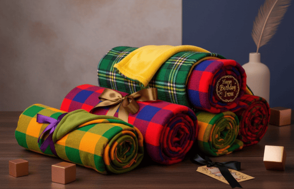 Stacks of vividly colored maasai fleece blankets are rolled and tied with ribbons on a wooden table.