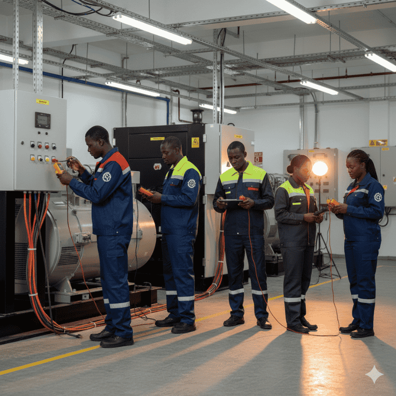 4. Safetywear & PPE - Two Piece Overalls in Kenya Five technicians in blue and yellow uniforms work inside an industrial facility, using tools on electrical panels.