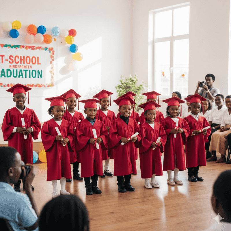 4. School Uniforms in Kenya - Graduation Gowns A group of young children in red graduation gowns and caps stand smiling, each holding a diploma. A "Kindergarten Graduation" banner is behind them.
