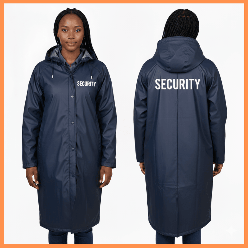4. Security Guard Uniforms - Security Raincoats in Kenya A person wearing a navy blue security raincoat stands facing forward and backward. "Security" is printed in white on the front and back. The mood is professional.