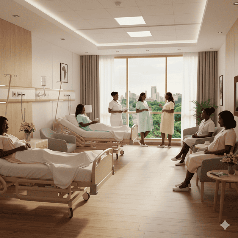 5. Hospital Uniforms - Hospital Maternity Wear in Kenya Modern hospital maternity ward with several expectant mothers in hospital maternity uniforms and a nurse in conversation.