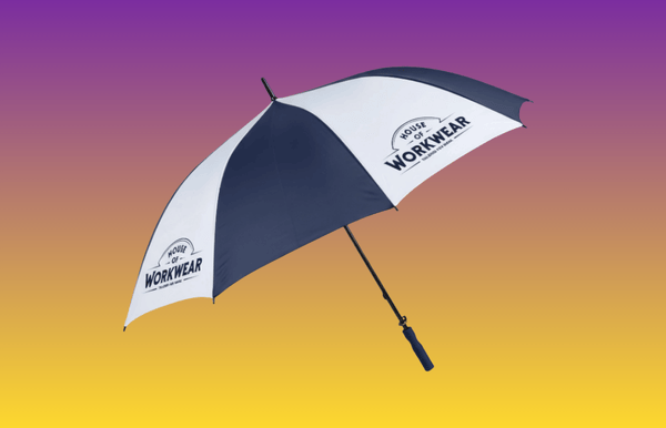 A navy and white umbrella with "House of Workwear" branding is open against a gradient purple to yellow background, conveying a professional tone.