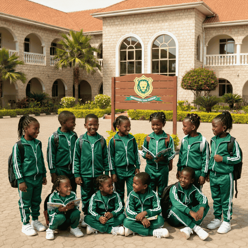5. School Uniforms in Kenya - Track Suits A group of smiling children in green tracksuits stand and sit in front of a large, elegant school building.