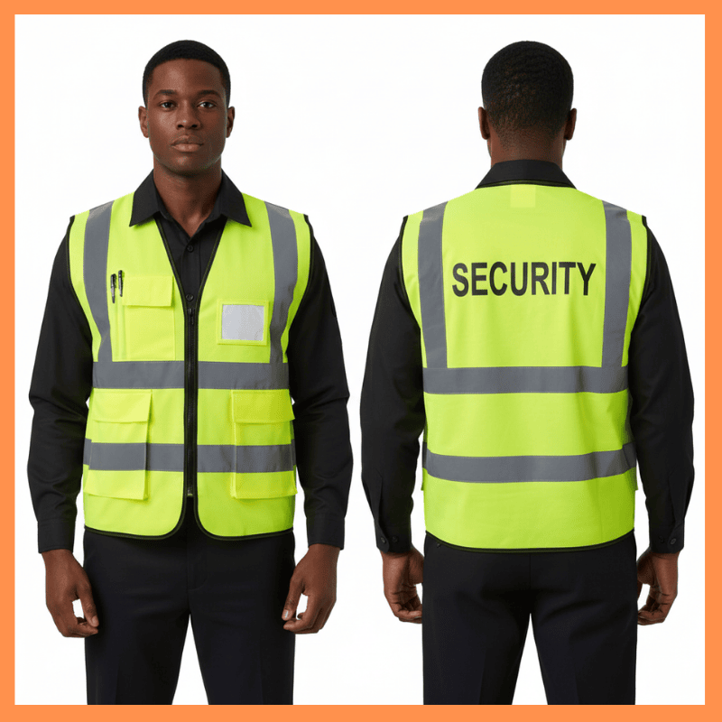 5. Security Guard Uniforms - Reflective Vests in Kenya A person in a bright yellow safety vest is shown from the front and back. The vest says "SECURITY" on the back. The tone is professional and alert.