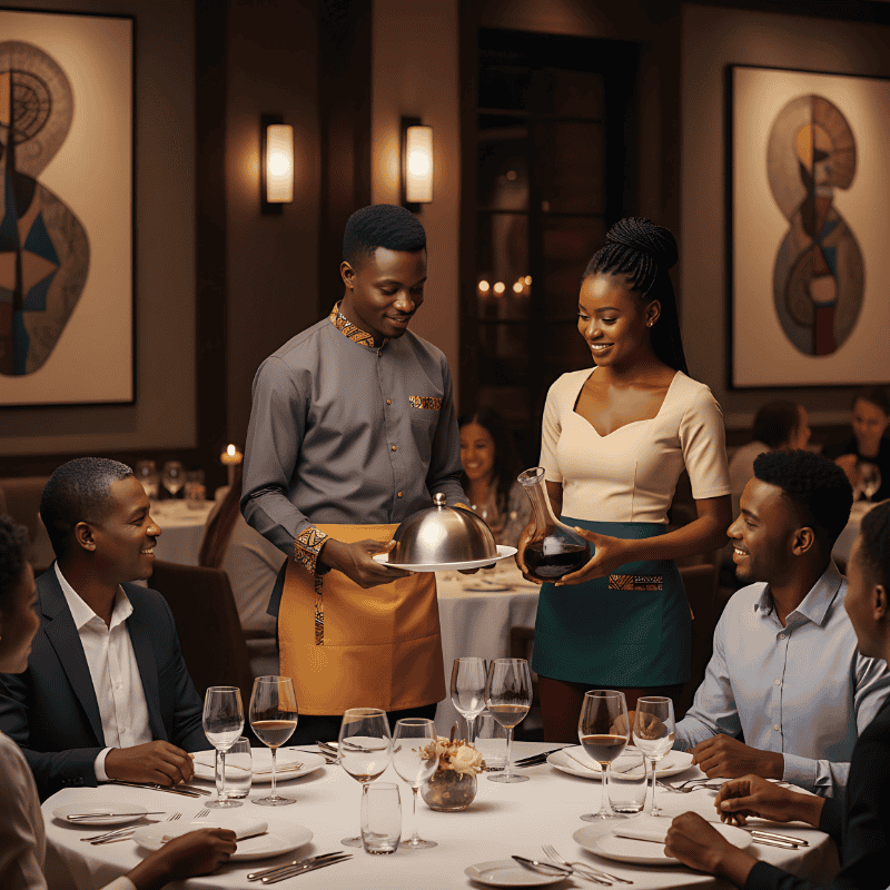 5. Waiters and Waitresses Uniforms in Kenya A waiter and waitress dressed in stylish hotel uniforms serves elegant dishes to customers at a sophisticated restaurant.