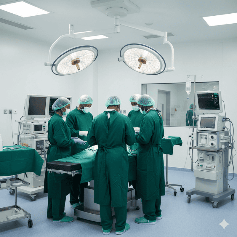 6. Hospital Uniforms - Reusable Theatre Gowns in Kenya A team of five surgeons in green scrubs perform an operation in a brightly lit, modern operating room, surrounded by medical equipment and monitors.
