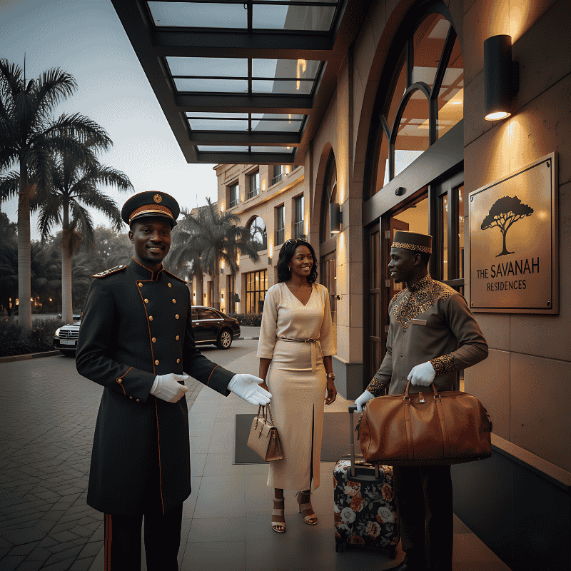 6. Hotel Porters and Doormans Uniforms in Kenya A smiling doorman in a formal uniform welcomes a woman with luggage at The Savanah Residences entrance, under a canopy with palm trees nearby.