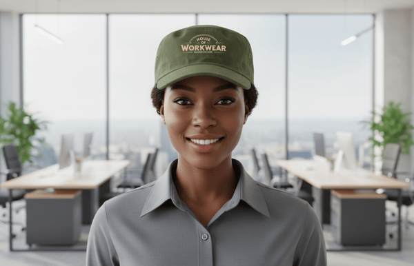 Smiling woman in a gray shirt and green "House of Workwear" cap stands in a modern office