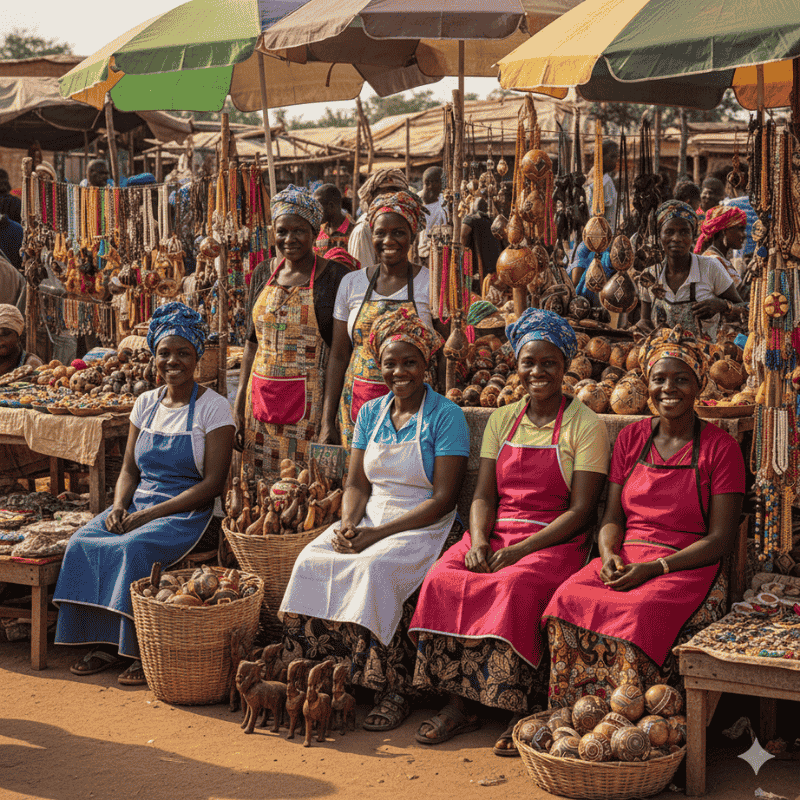 6. Safetywear & PPE - Aprons in Kenya A group of smiling women in colorful aprons sit and stand at an outdoor market stall displaying handmade crafts and jewelry.
