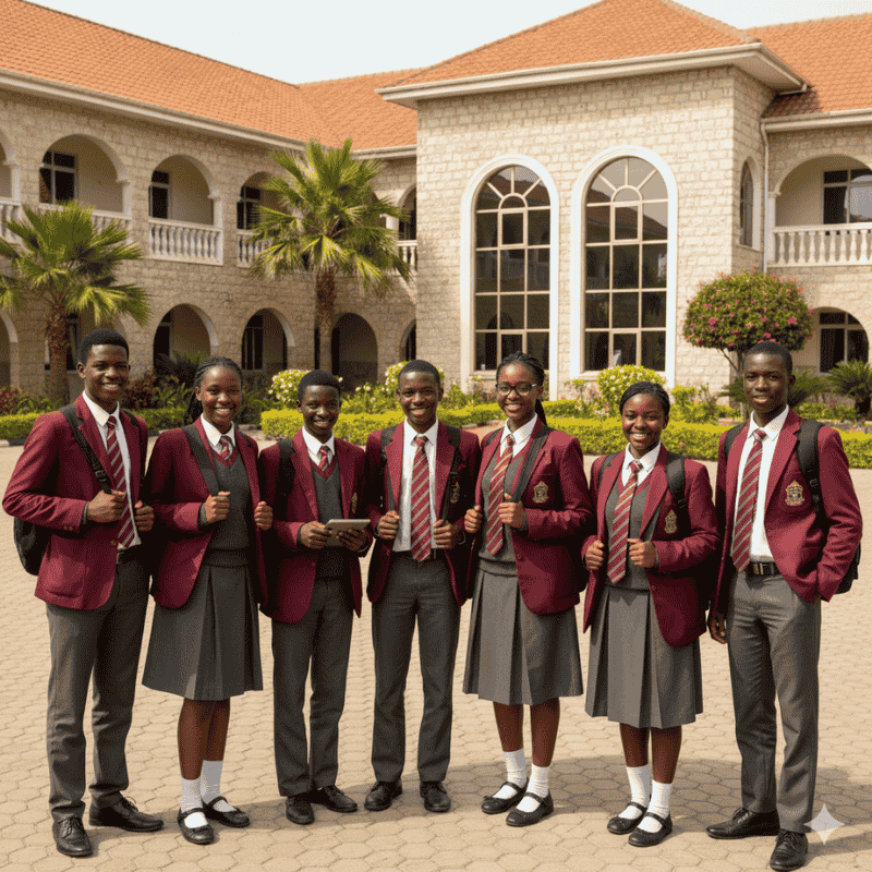 6. School Uniforms in Kenya - Junior and Senior Schools Uniforms Seven students in maroon blazers and grey uniforms pose cheerfully with thumbs up, standing in front of a school building.