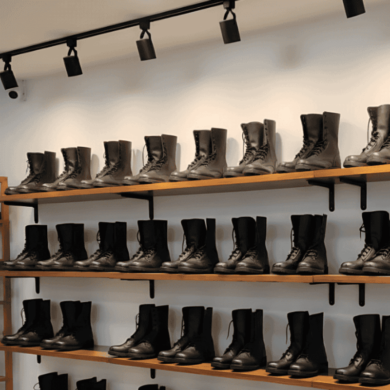 6. Security Guard Uniforms - Security Boots in Kenya Rows of black askari boots are neatly displayed on three wooden shelves against a white wall. The scene is well-lit, creating a tidy and organized ambiance.