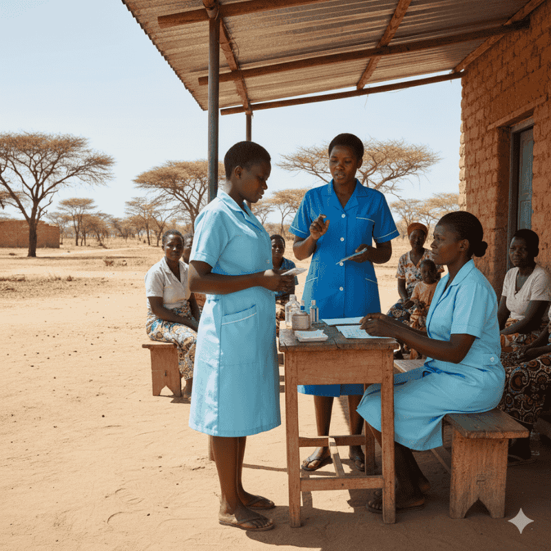7. Hospital Uniforms - Nurse Dresses in Kenya Three healthcare workers in blue uniforms stand and sit at a wooden table outside a rural clinic, discussing under a sunny sky, with seated women nearby.