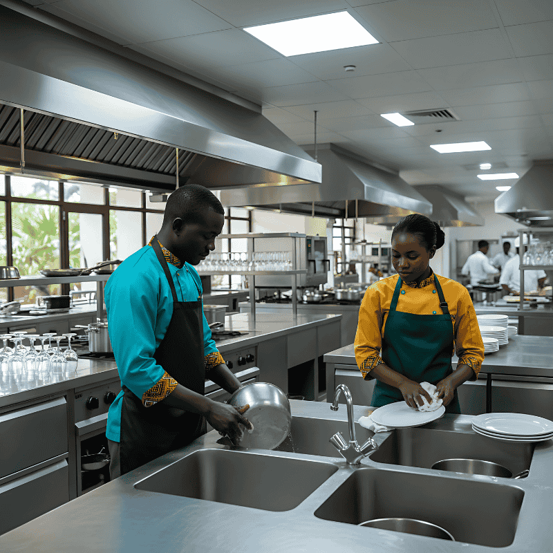 7. Kitchen Stewards Uniforms in Kenya Two kitchen stewards in vibrant chef uniforms clean dishes in a bright, modern kitchen. The setting exudes professionalism and teamwork.