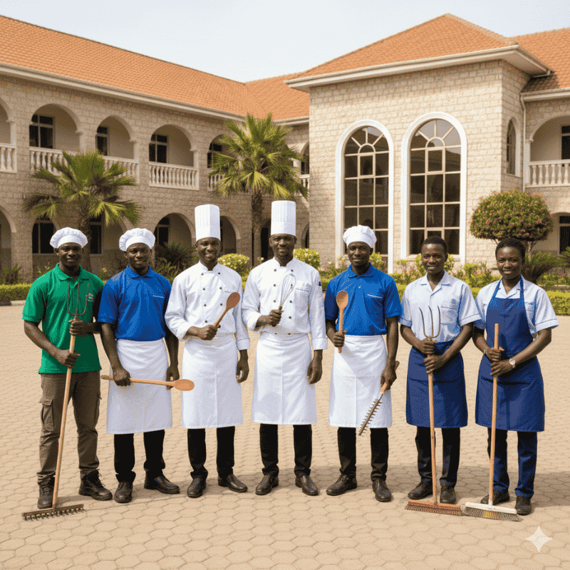 7. School Uniforms in Kenya - Subordinate Staff Uniforms Seven smiling individuals stand in chef uniforms, housekeeping uniforms, and aprons holding cooking tools and brooms in front of school building
