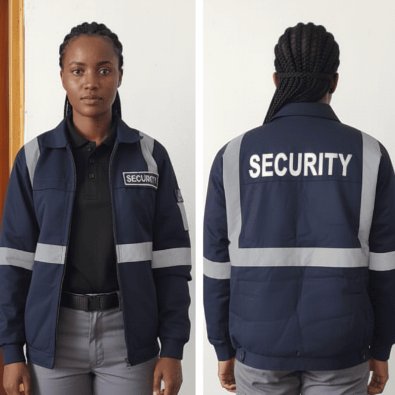 7. Security Guard Uniforms - Bomba Jackets in Kenya A person is shown front and back, wearing a navy security uniform with reflective stripes. The jacket has "SECURITY" prominently displayed on the back.