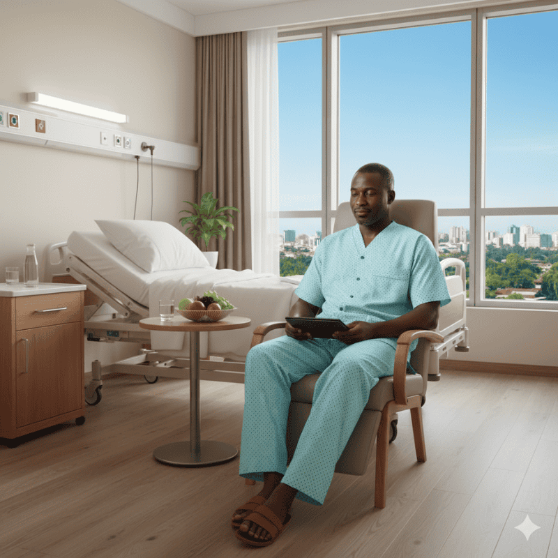8. Hospital Uniforms - Patient Uniforms in Kenya A man in hospital patient uniforms sits on a chair in a bright hospital room, holding a tablet.