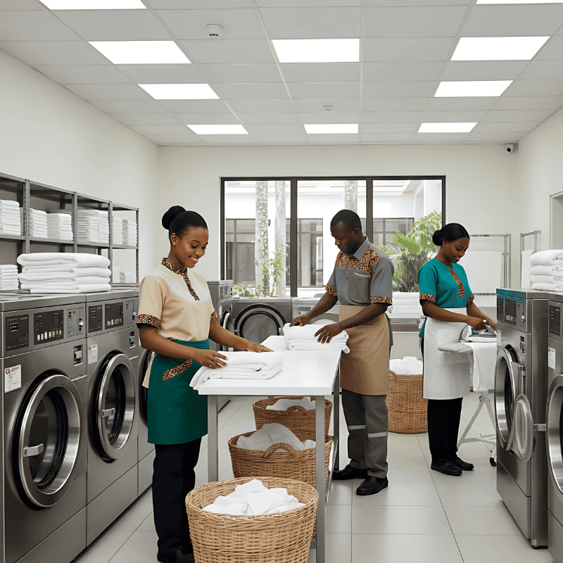 8. Laundry Attendants Uniforms in Kenya Three laundry attendants in a well-lit laundry room fold white linens. They are wearing stylish hotel uniforms, smiling, creating a sense of harmony and efficiency. Stacks of towels and washing machines are visible.
