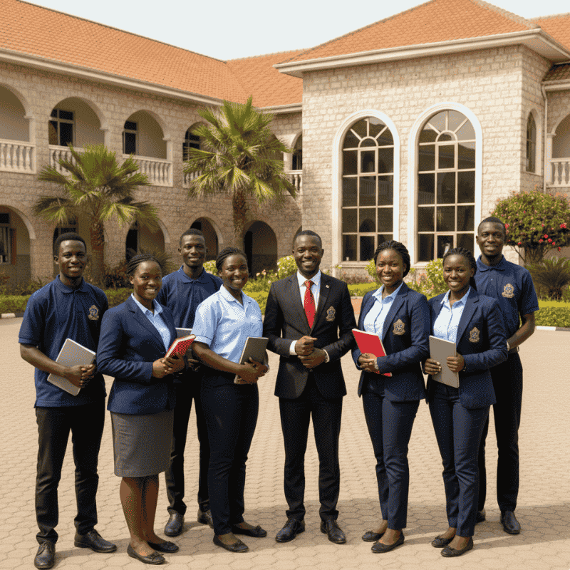 8. School Uniforms in Kenya - Branded Staff Uniforms A group of teachers in formal attire hold notebooks, standing confidently in front of a school building.